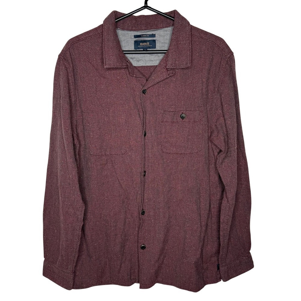 Roark Classic Fit Herringbone Button Down Shirt Mens Large Burgundy Maroon Long